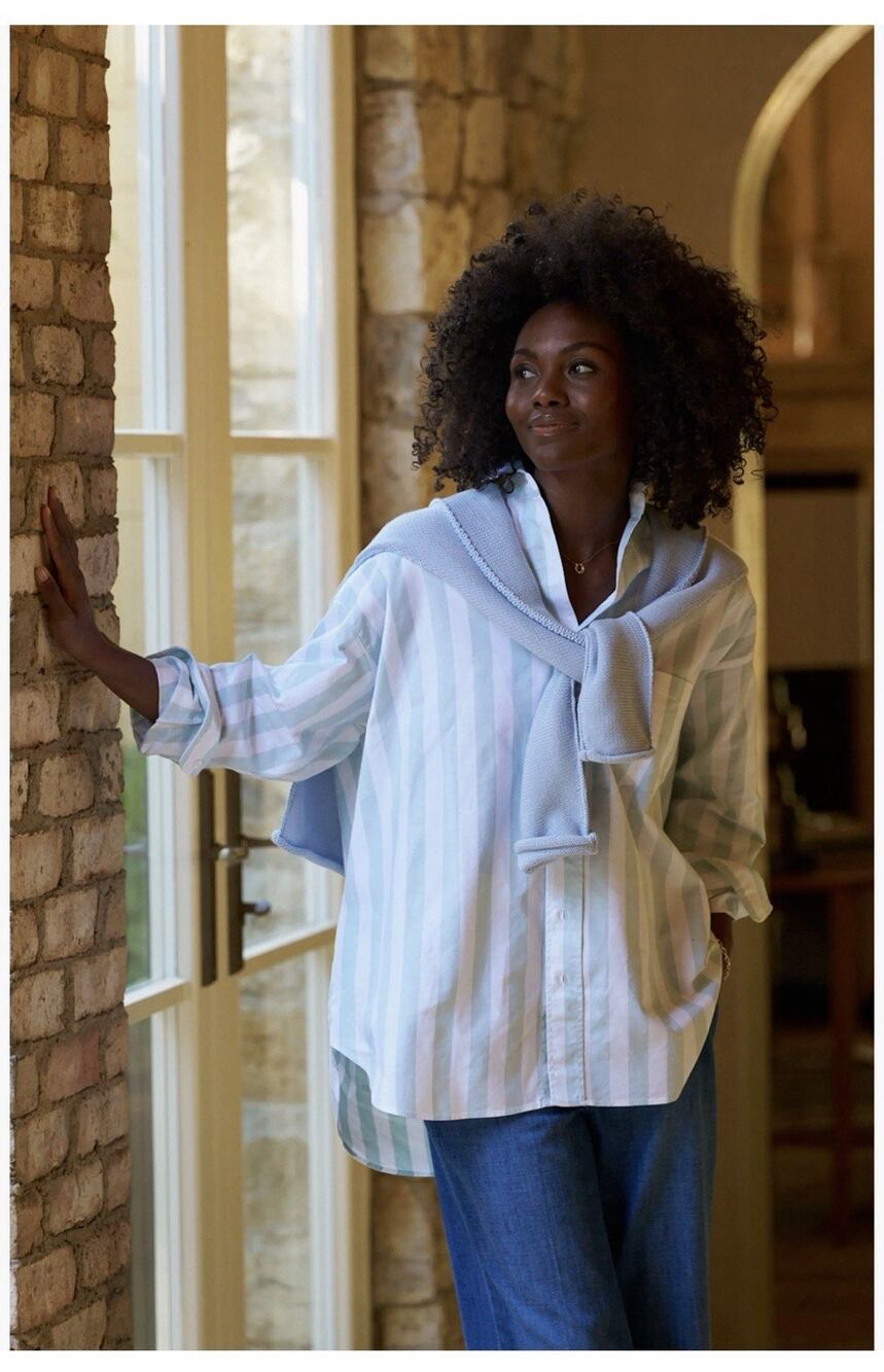 Frank & Eileen Shirley Oversized Green White Striped Italian Cotton Shirt XL